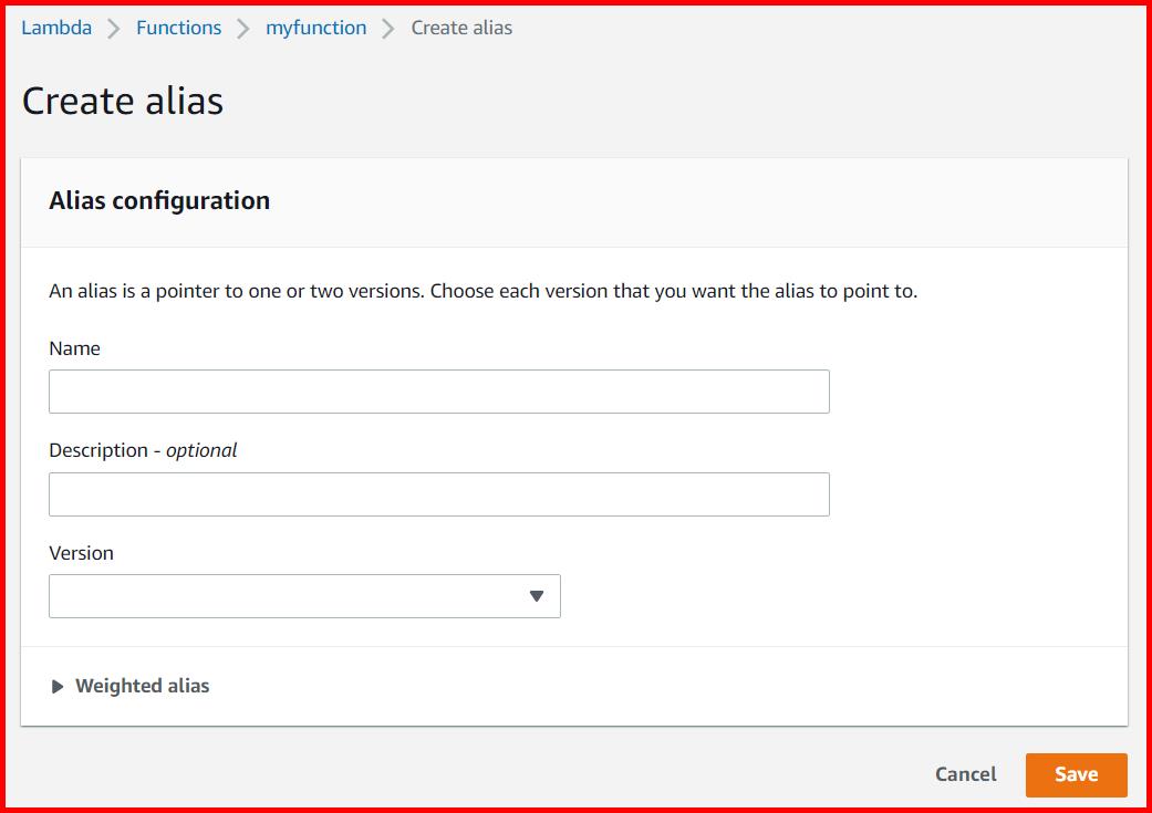 Picture showing the Create Alias screen in lambda function